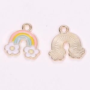 Detailed view of rainbow enamel charm with flower accents and gold metal backing