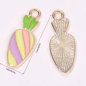 Detail of colorful striped carrot charms with measurements and radiant textured back