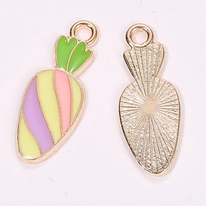 Detailed front and back views of colorful carrot-shaped enamel pendants with gold backing