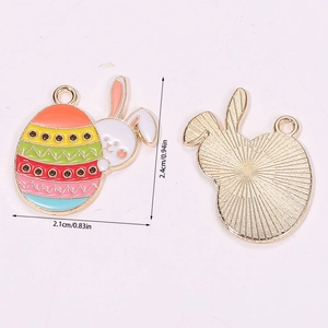 Detailed front and back view of Easter egg and bunny enamel charms with size measurements