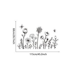 Tableau des dimensions du sticker mural fleurs et papillons noir et blanc, 115cm sur 68cm