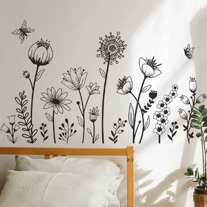 Sticker Mural Fleur Papillon Croquis Noir et Blanc PVC Auto-Adhésif Décalcomanie de Plante Dessinée à la Main Pour Décoration de Chambre à Coucher Salon Maison