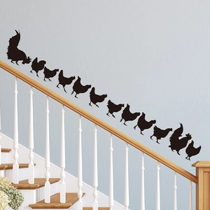 Detail of black chicken silhouette wall stickers applied to a modern staircase wall