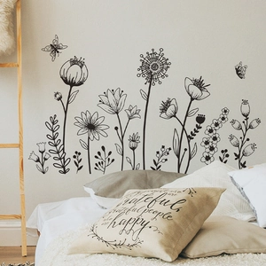 Stickers muraux minimalistes noirs et blancs motif fleurs et papillons autocollants