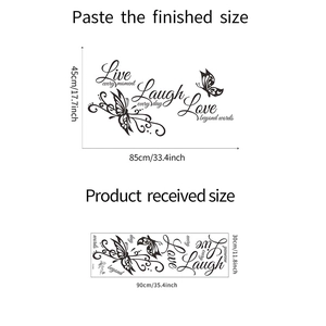 Detailed wall sticker dimensions showing Live Laugh Love phrase and butterfly patterns