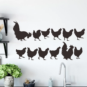 Cartoon black chicken silhouette wall stickers for kitchen home decor set of 12 pieces