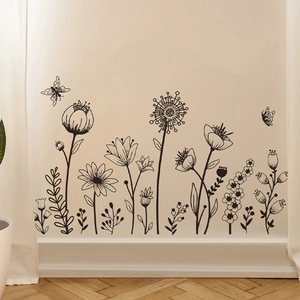 Stickers muraux fleurs et papillons noir et blanc pour décoration de salon maison