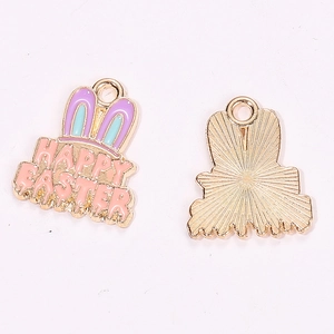 Detailed front and back view of zinc alloy Happy Easter rabbit charms with enamel finish