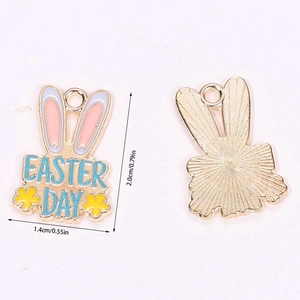 Detailed front and back view of Easter bunny enamel charms with size measurements