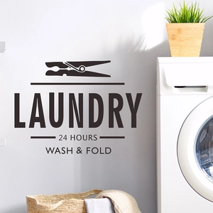 Sticker mural moderne pour buanderie avec texte Wash and Fold 24h en couleur gris foncé