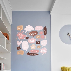 Macro detail of colorful dialogue bubble wall stickers for DIY home living room decor