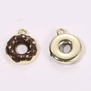 Detail of 3D miniature donut pendants with brown enamel chocolate coating and gold finish