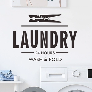 Sticker mural pour buanderie avec texte Wash and Fold et icônes de pinces à linge