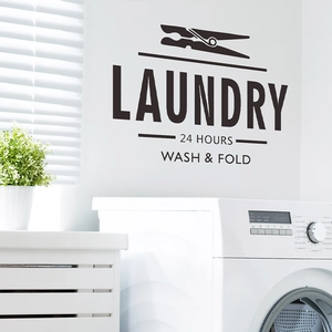 Sticker mural noir minimaliste Laundry 24 Hours pour décoration de buanderie maison