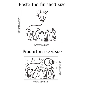 Detailed size guide for light bulb wall sticker showing finished and received dimensions