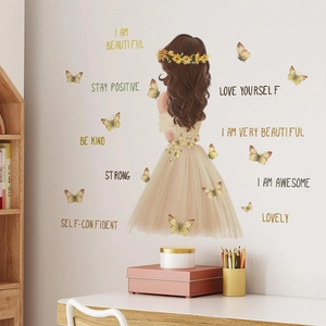 Wandaufkleber mit Mädchen und Sonnenblumenkranz für ein gemütliches Wohnzimmer-Dekor
