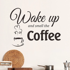 Inspirational coffee wall sticker featuring Wake up and smell the Coffee slogan