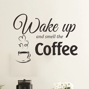 Minimalist black coffee wall sticker featuring Wake up and smell the Coffee quote