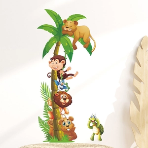 Jungle animal wall stickers with palm tree, lion and monkey for kids room nursery decor