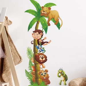Cartoon tropical jungle wall stickers featuring tall coconut tree and colorful animals