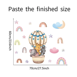 Detailed size guide for cartoon animal hot air balloon wall stickers for nursery