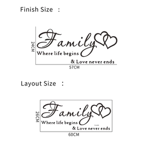 Detail view of Family Where Life Begins wall sticker with 24x57cm size dimensions