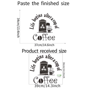 Detail view of coffee wall decal with layout dimensions and final application size 34x37cm