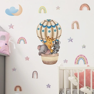 Cartoon Animal Hot Air Balloon Wall Stickers Watercolor Rainbow Giraffe Zebra Wall Decals For Nursery Kids Room Home Decor