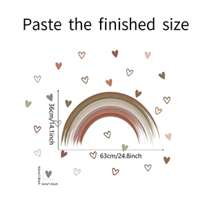 Detail of Morandi-style rainbow and heart wall decals with 63x36cm dimension markings