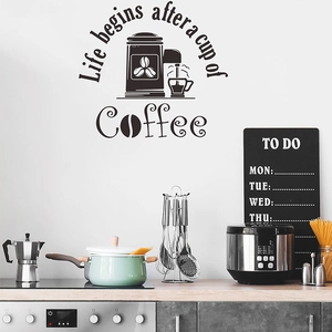 Minimalist black coffee wall decal Life begins after a cup of Coffee for kitchen decor