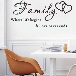 Family Where life begins and Love never ends wall sticker with double hearts for home decor