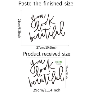Detail showing dimensions of the 'You look beautiful' wall decal in black cursive