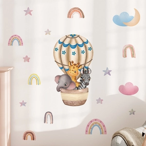 Cartoon animal hot air balloon wall stickers with giraffe zebra and rainbow for nursery