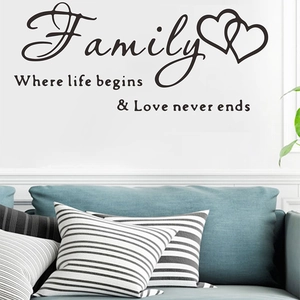 Family quote wall sticker with interlocking hearts for living room or bedroom decor