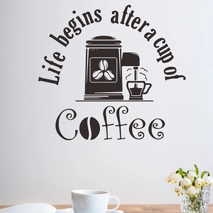 Minimalist vinyl wall sticker with Life begins after a cup of Coffee slogan for cafe decor