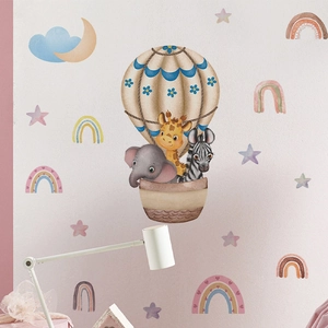 Cartoon animal hot air balloon wall decal with elephant and giraffe for kids room decor