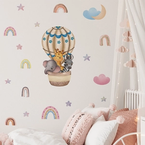 Cartoon animal hot air balloon wall decal with giraffe and zebra for kids bedroom decor