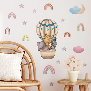 Cartoon animal hot air balloon wall decals with giraffe and zebra for kids bedroom decor