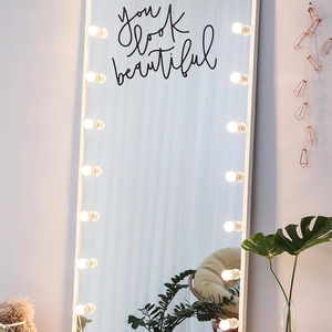 Hollywood style full length mirror with 12 LED bulbs and You look beautiful wall decal