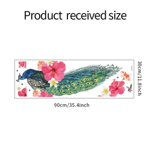 Détail de l'autocollant mural paon et hibiscus avec dimensions de 90x30cm