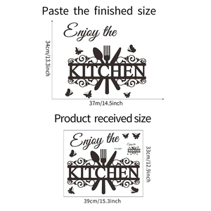 Detail der Enjoy the kitchen Wandtattoos mit Layoutblatt und den fertigen Abmessungen