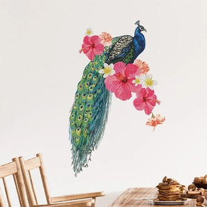 Sticker mural artistique avec paon bleu et fleurs d'hibiscus pour décor de maison