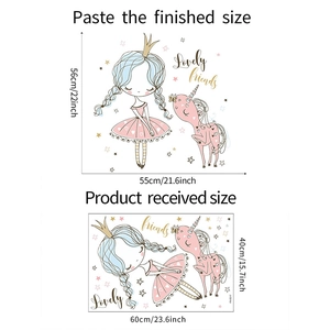 Layout detail of princess and unicorn wall sticker showing applied and sheet dimensions