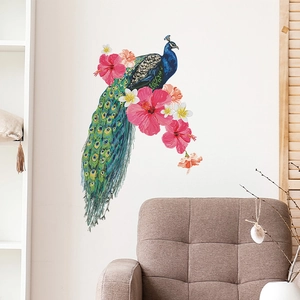 Stickers muraux paon et fleurs d'hibiscus pour décoration murale de salon maison