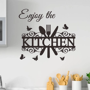 Wandtattoo Enjoy the Kitchen mit Besteck und Schmetterlingen zur Dekoration
