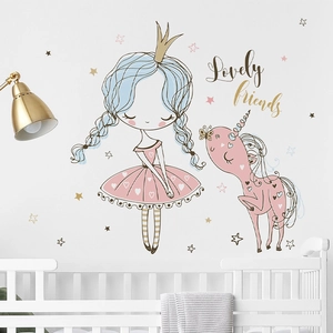Cartoon Girl Princess Unicorn Wall Sticker PVC Self-adhesive Decor For Kids Bedroom Nursery Lovely Friends Decal