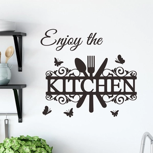 Moderner schwarzer Enjoy the Kitchen Wandsticker mit Besteck und Schmetterlings-Dekor
