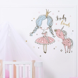 Cartoon princess and unicorn wall decal set for girls bedroom with stars decoration