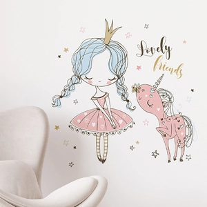Cartoon princess and pink unicorn wall decal set with stars for kids bedroom decor