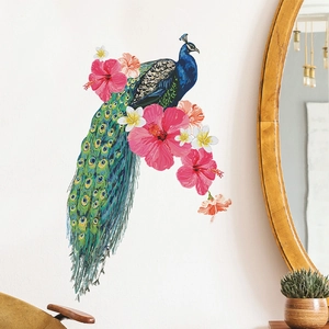 Sticker mural paon bleu avec fleurs d'hibiscus pour une décoration intérieure cosy